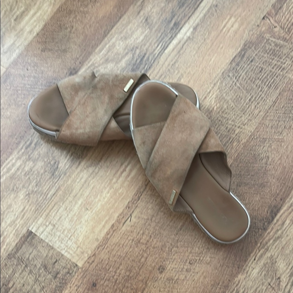 Calvin Klein Brown Criss-Cross Slide Sandals
